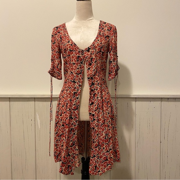 Free People Small Black Lace-up Mini Dress With Red Floral Pattern - Picture 11 of 16